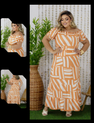Vestido Longo Estampado Geométrico Laranja